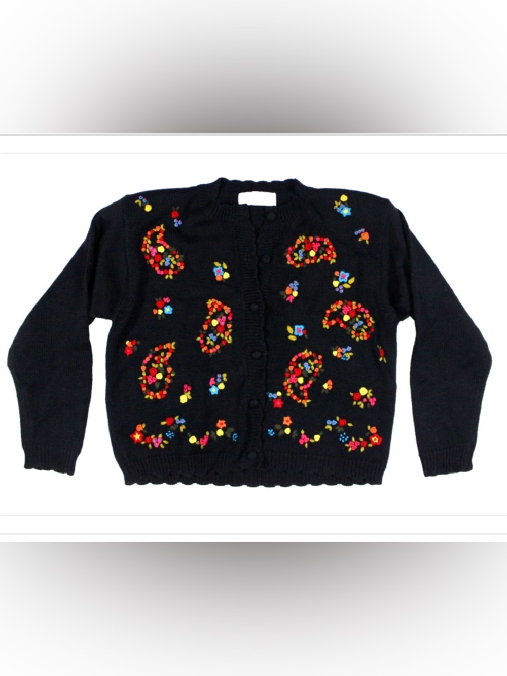 Vintage 90s cropped Black Cardigan with Colorful Floral Embroidery sz S academic